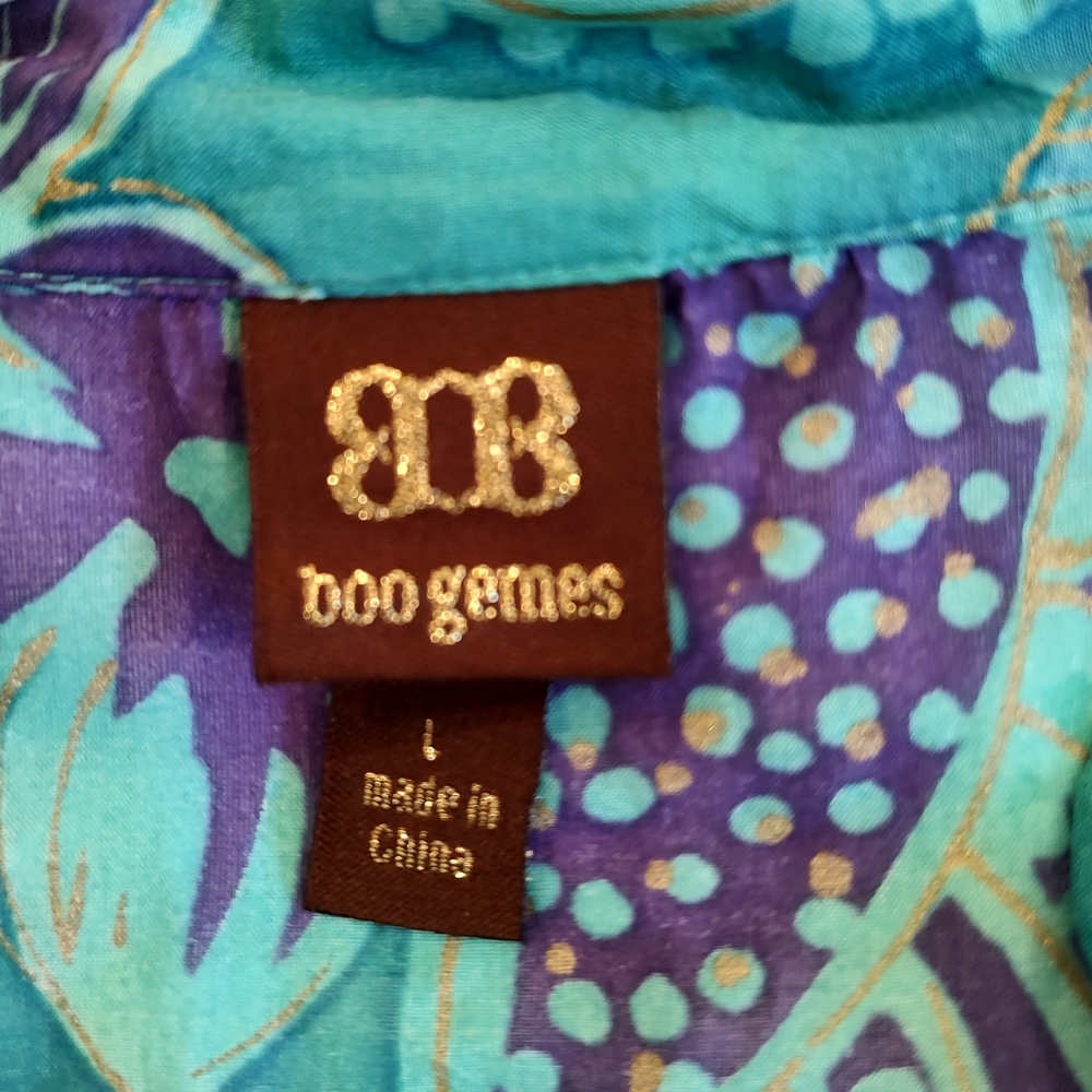 Boo Gems Tunic Top Green Purple Gold Floral Cotton Silk V-Neck Size L - Picture 4 of 12